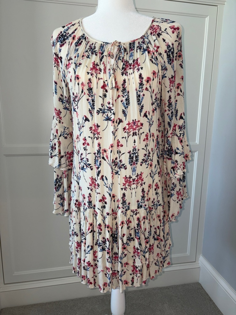 En Creme Cream Floral Tiered Long-Sleeve Dress with Pink & Blue Blooms